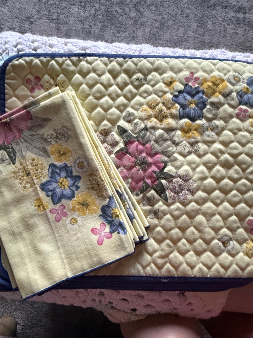 Floral Quilted Placemat Set in Yellow with Pink & Blue Flowers